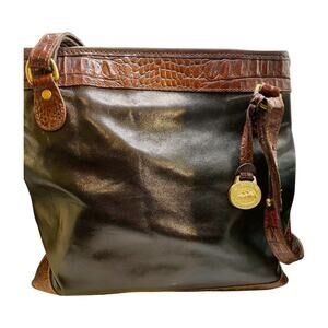 BRAHMIN Vintage Tuscan Black Leather Brown Croc Leather Trims Bucket Bag